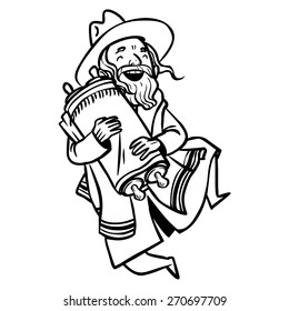 Funny cartoon countoure jewish man dancing with Torah. Vector illustration isolated background
