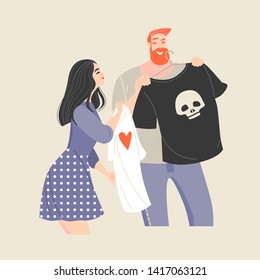 Funny cartoon couple choosing a shirt in the store. Characters for poster or flyer