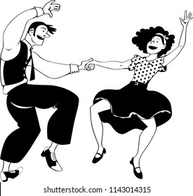 Funny cartoon couple dancing lindy-hop, rock and roll or swing, EPS 8 vector illustration, no white objects