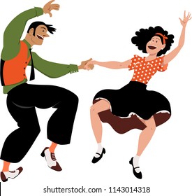 Funny cartoon couple dancing lindy-hop, rock and roll or swing, EPS 8 vector illustration