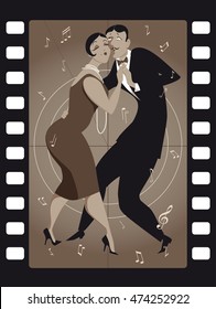Funny cartoon couple dancing tango in an old movie frame, EPS 8 vector illustration, no transparencies