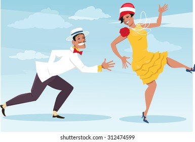 Funny cartoon couple dressed in vintage fashion dancing the Charleston, vector illustration, no transparencies, EPS 8