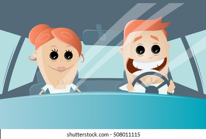 funny cartoon couple driving