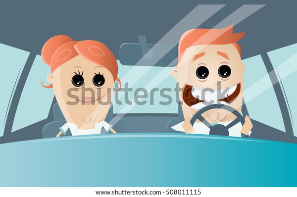 funny cartoon couple\
driving in a car