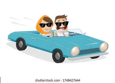 funny cartoon couple driving classic convertible car