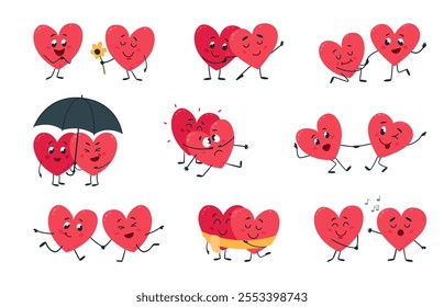 Funny cartoon couple hearts. Heart in love, romantic activities saint valentines day symbols. Cute characters dancing hugging singing, classy vector set