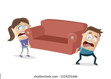 funny cartoon couple is moving an has to lift a heavy sofa