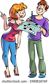 Funny cartoon of a couple solving a crossword puzzle