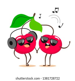 Funny and cartoon couple of sweet cherries listening to music on headphones. Vector fruit isolate on white background