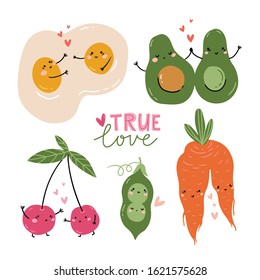 Funny cartoon couples character of avocado, pear, cherry, eggs and carrots, . Valentine day vector concept illustration with cute food isolated on background.
