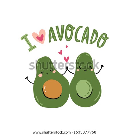 Funny cartoon couples character of avocado with lettering - I love avocado. Valentine day vector concept illustration with cute food isolated on background.