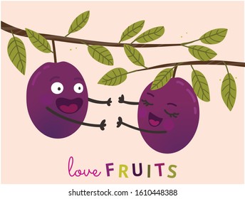 Funny cartoon couples character of plums. Valentine day vector illustration. 