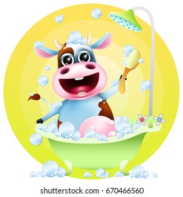 funny cartoon cow in bath with soap bubbles