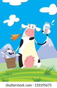 A funny cartoon cow with a big cowbell, holding a bucket and presenting a milk package