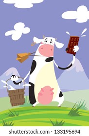 A funny cartoon cow with a big cowbell, holding a bucket and presenting a bar of milk chocolate