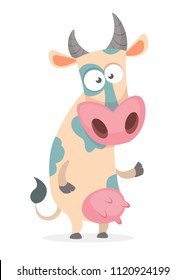 Funny cartoon cow character pointing on something isolated on white background. Farm animals. Vector illustration