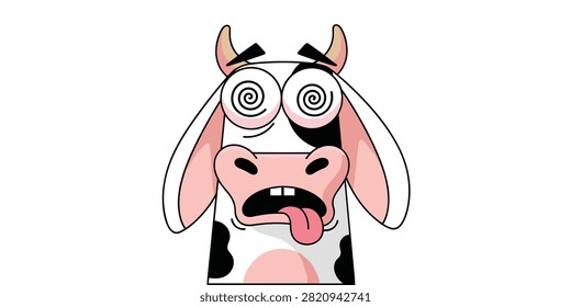 A funny cartoon cow with a dazed expression, spiral eyes, and tongue sticking out, isolated on a white background.