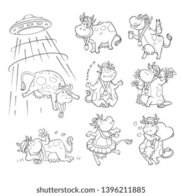 Funny cartoon cow doing activities in black and white set. Cute farm animal standing, drinking milk, dancing, meditating, relaxing, dancing, flirting - isolated coloring book vector illustration