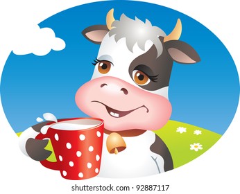 Funny cartoon cow drinking cup of milk. Lawn, flowers and sky. Vector illustration