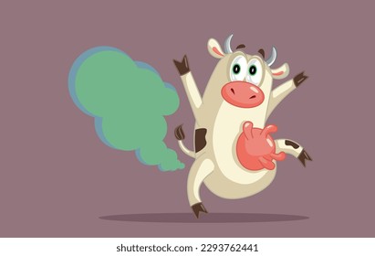 
Funny Cartoon Cow Farting Vector Mascot Illustration. Livestock animal feeling gassy passing out flatulence gas 
