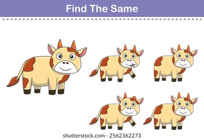 Funny cartoon cow. Find same pictures. Educational game for children. Cartoon vector illustration