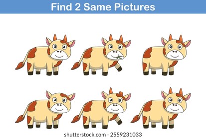 Funny cartoon cow. Find two same pictures. Educational game for children. Cartoon vector illustration