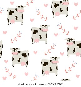 Funny cartoon cow with floral branches seamless pattern. Cute kids print. Vector hand drawn illustration.