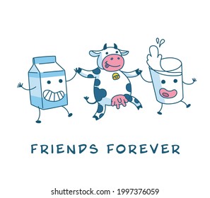 Funny cartoon cow and milk glass and milk carton characters dancing together vector illustration isolated on white background