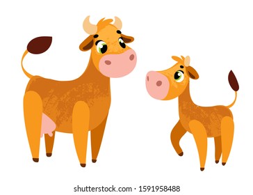 Funny Cartoon Cow. Mom And Baby. Vector Illustration For Children's Books, T-shirt Prints, Posters, Stickers Or Decor