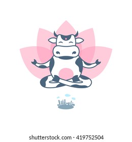 Funny cartoon cow sitting on lotus pose of yoga and flying over the silhouette of the city. 