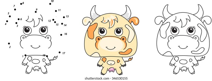 Funny cartoon cow. Vector illustration for kids. Dot to dot game and coloring book