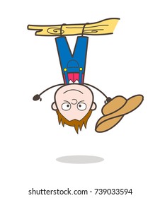 Funny Cartoon Cowboy Character Hanging Upside Down on Branch Vector