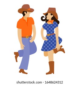 Funny cartoon cowboy and cowgirl dancing in hats and boots in a flat style. Vector illustration isolated on white background for poster design for competition, festival, dance course