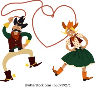 Caricatura divertida cowboy y cowgirl bailando con un lasso en forma de corazón, EPS 8 ilustraciones vectoriales