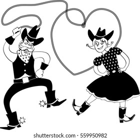 Funny Cartoon Cowboy And Cowgirl Dancing With A Lasso In A Shape Of A Heart, EPS 8 Black Vector Line Art, No White Objects