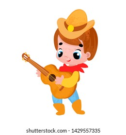 Funny cartoon cowboy with music instrumentin children's style. Vector illustrations for children books or posters.