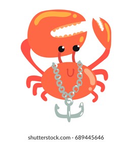 Funny cartoon crab with anchor chain colorful character vector Illustration