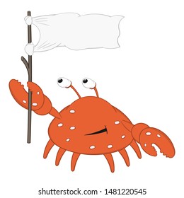 funny cartoon crab with bulging eyes and large claws holds a white flag and smiles.