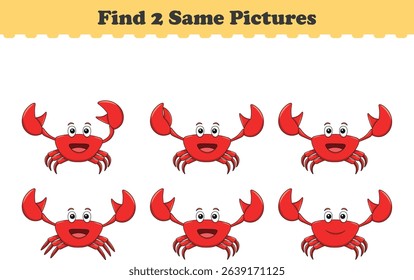 Funny cartoon crab. Find two same pictures. Educational game for children. Cartoon vector illustration