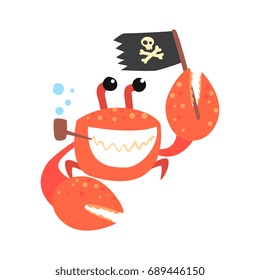 Funny cartoon crab pirate smoking pipe and holding black flag colorful character vector Illustration