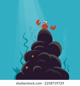 funny cartoon crab standing on a rock underwater