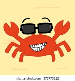 funny cartoon crab with sunglass on the beach cute vector illustration