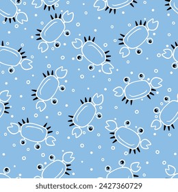Lustige Cartoon-Krebse mit Blasen auf blauem, nahtlosem Sommermuster
