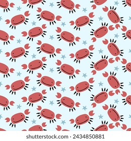 Funny cartoon crabs with starfishes, seamless summer pattern