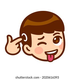 Funny cartoon crazy face with tongue sticking out and "screw loose" finger gesture. Cute anime boy goofing off and teasing. Isolated vector clip art illustration.