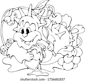 Criatura divertida de dibujos animados con un tarro de mermelada, linda ilustración de material de doodle vectorial, impresión en blanco y negro para tarjeta de saludo/invitación, coloreado, libro, camiseta, tela