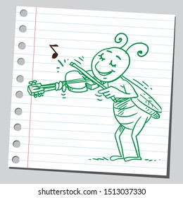 Funny cartoon cricket musician playing violin.