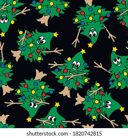 Funny cartoon Cristmas tree dancing hip hop style. Christmas seamless pattern. Vector illustration.