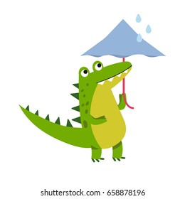 Funny cartoon crocodile character walking with umbrella vector Illustration