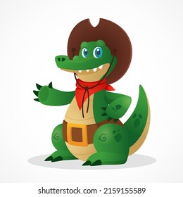 Funny cartoon crocodile cowboy mascot saying hello. Flat animal character for fairytale and kid story. Wild west alligator